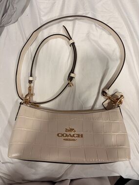 Coach Cream Croc-Embossed Shoulder Bag with Gold Hardware